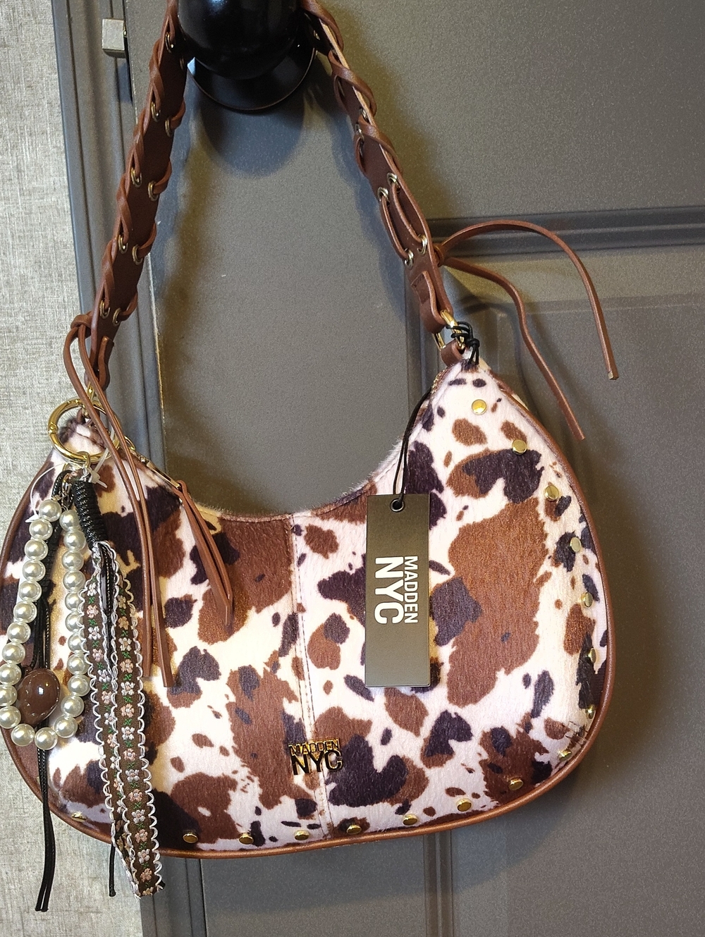 Madden NYC Women's  Cowhide-Print Stud Half Moon Shoulder Bag